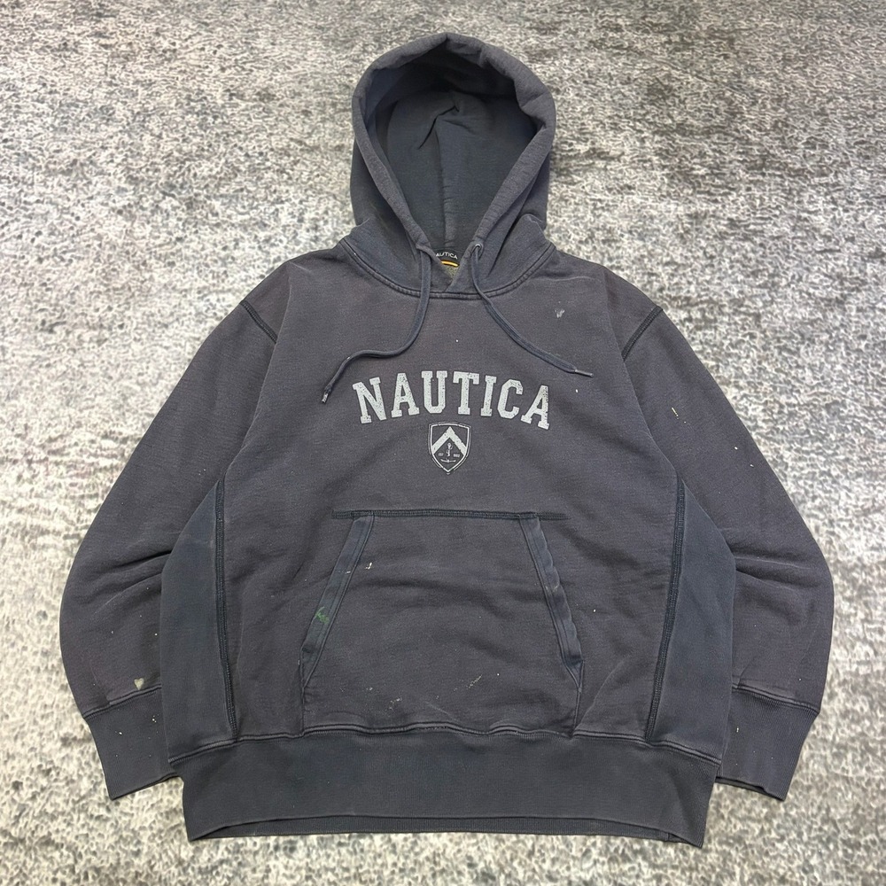 VTG Y2K Nautica Hoodie Mens Large Navy Blue Distressed Skater Surf Sweatshirt